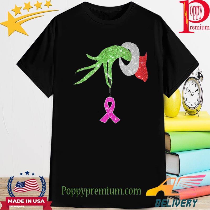 Grinch hand holdings Breast Cancer ornament shirt